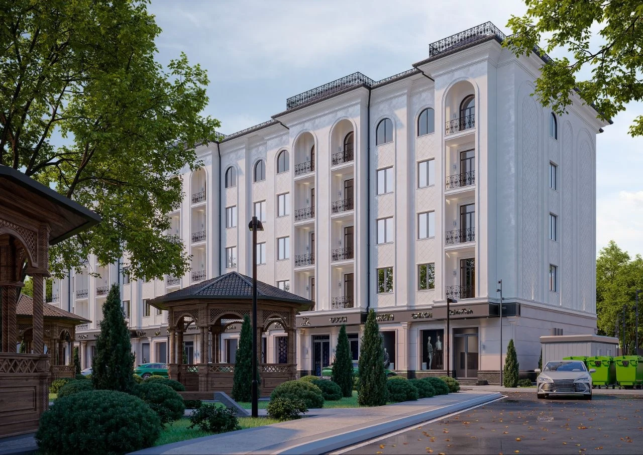 Боковой фасад комплекса и подъездная дорога