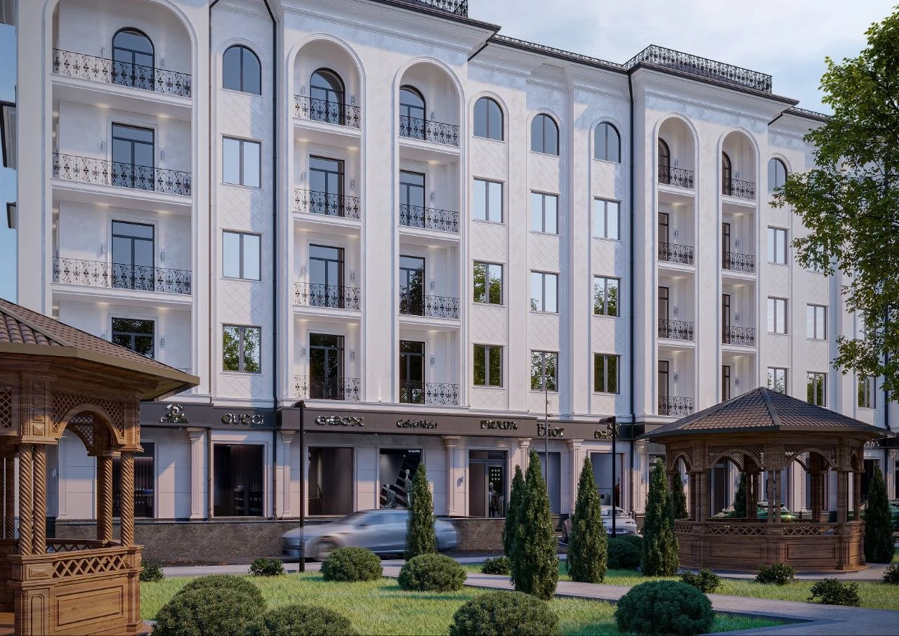 Визуализация фасада Niagara Residence с озеленённым двором и беседками
